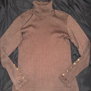 New York & Company Brown Turtleneck Sweater with Gold Buttons